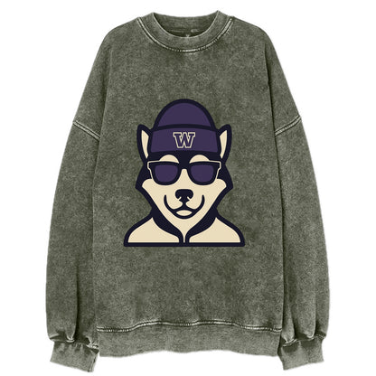 Seattle Husky wearing Washington beanie with W patch - Vintage Sweatshirt - Forest Mist(Green)