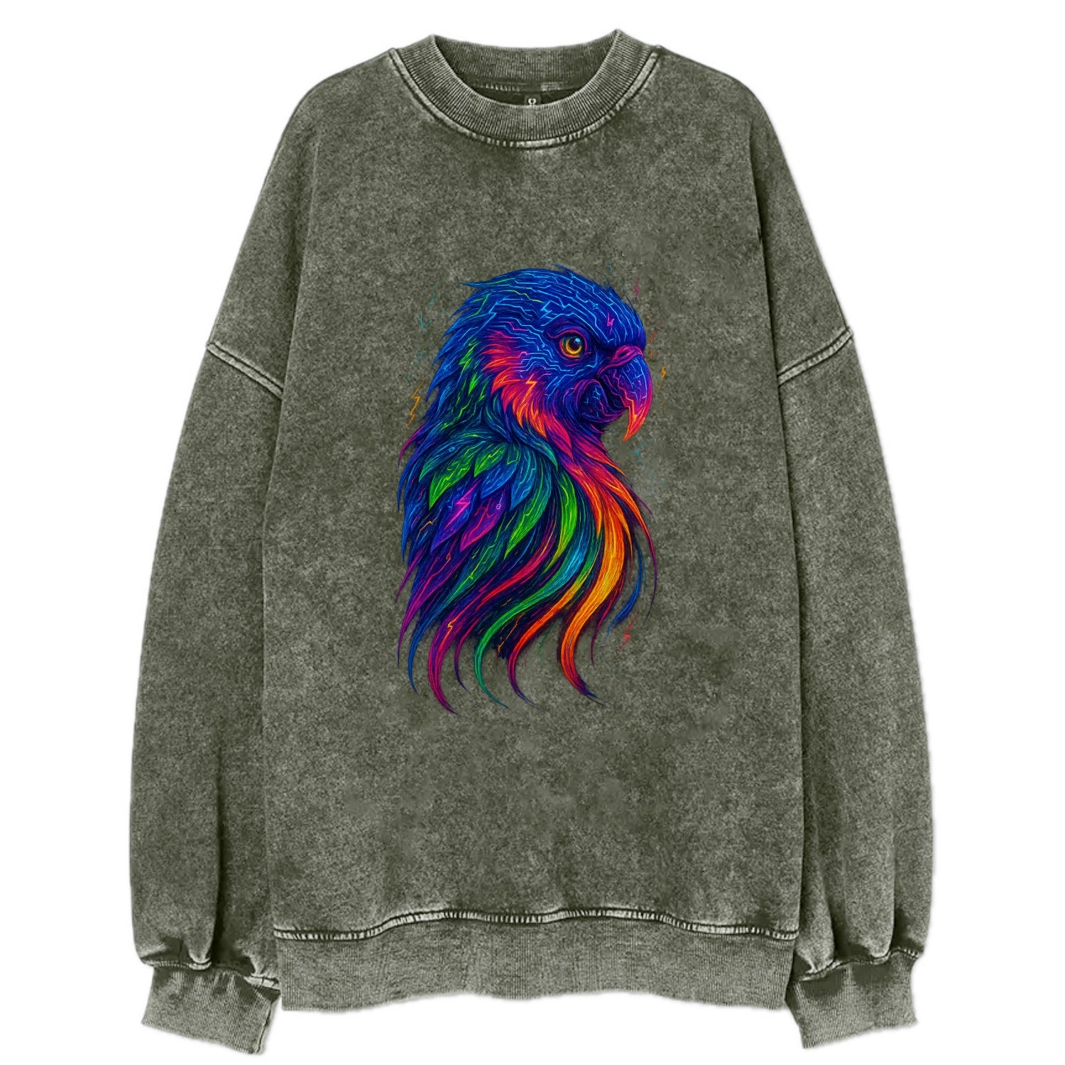 Vibrant parrot with feathers flowing into tropical rainbow streams, every - Vintage Sweatshirt - Forest Mist(Green)