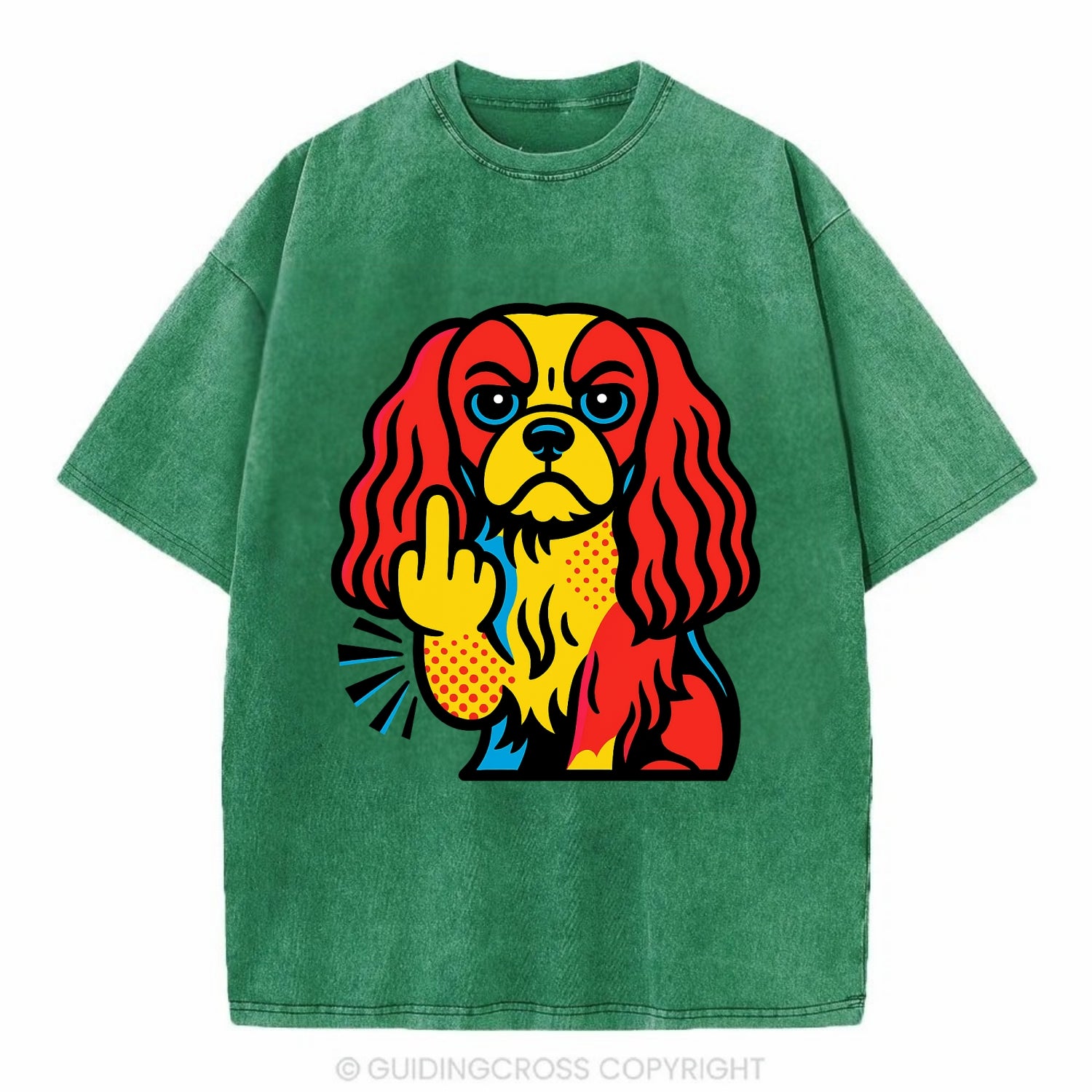 Cavalier King Charles Spaniel with long ears, regal paw giving finger - Vintage T-shirt - Forest Mist(Green)