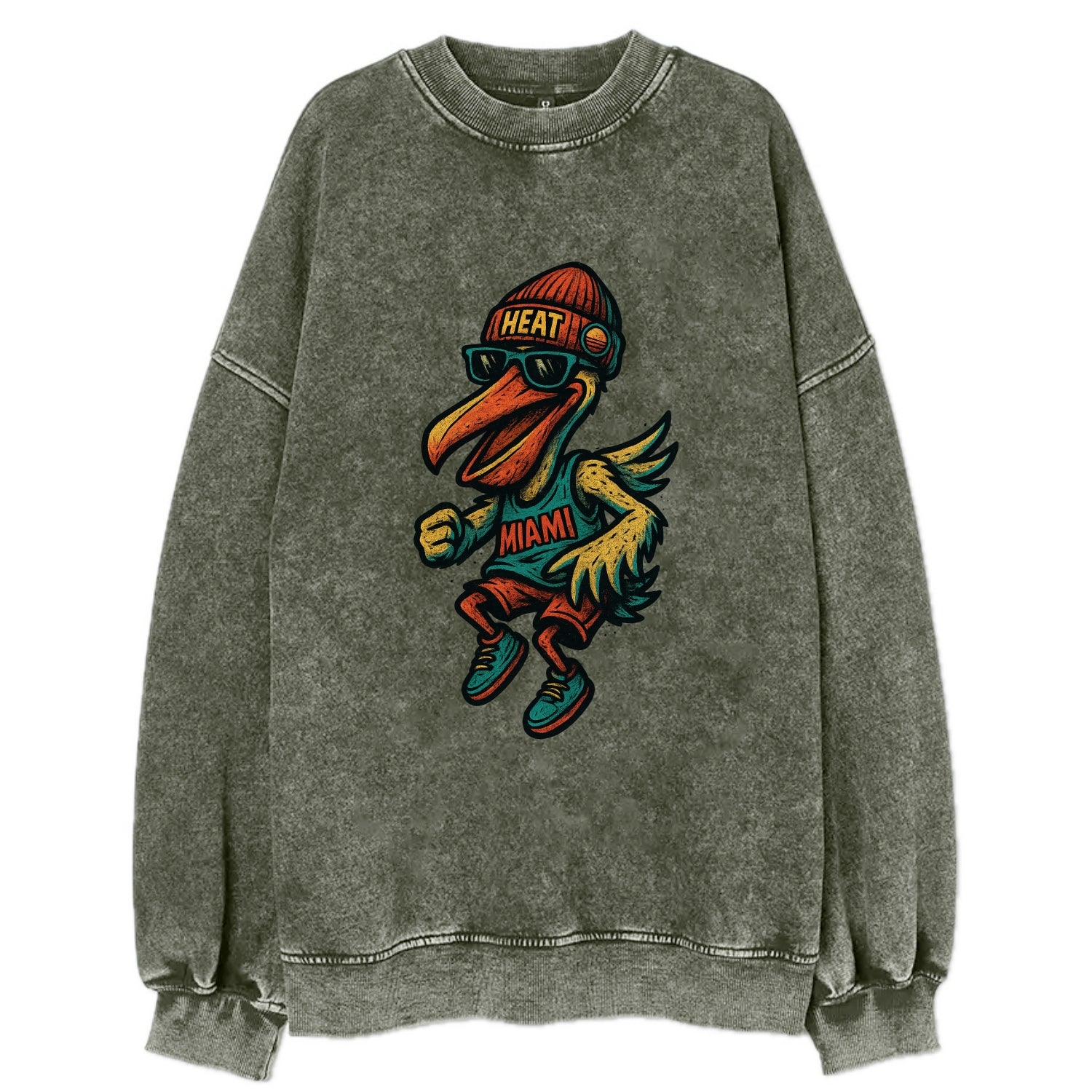 Miami Pelican wearing Heat beanie with sunset patch and wayfarer sunglasses - Vintage Sweatshirt - Forest Mist(Green)