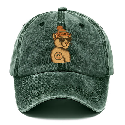 San Jose Mountain Lion wearing San Jose beanie with pom pom and wayfarer sunglasses - Classic Cap - Forest Mist(Green)
