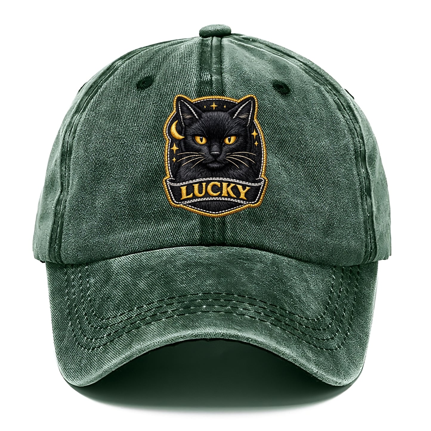 BLACK CAT LUCKY - sleek black cat with gold eyes in black , mysterious feline - Classic Cap - Forest Mist(Green)