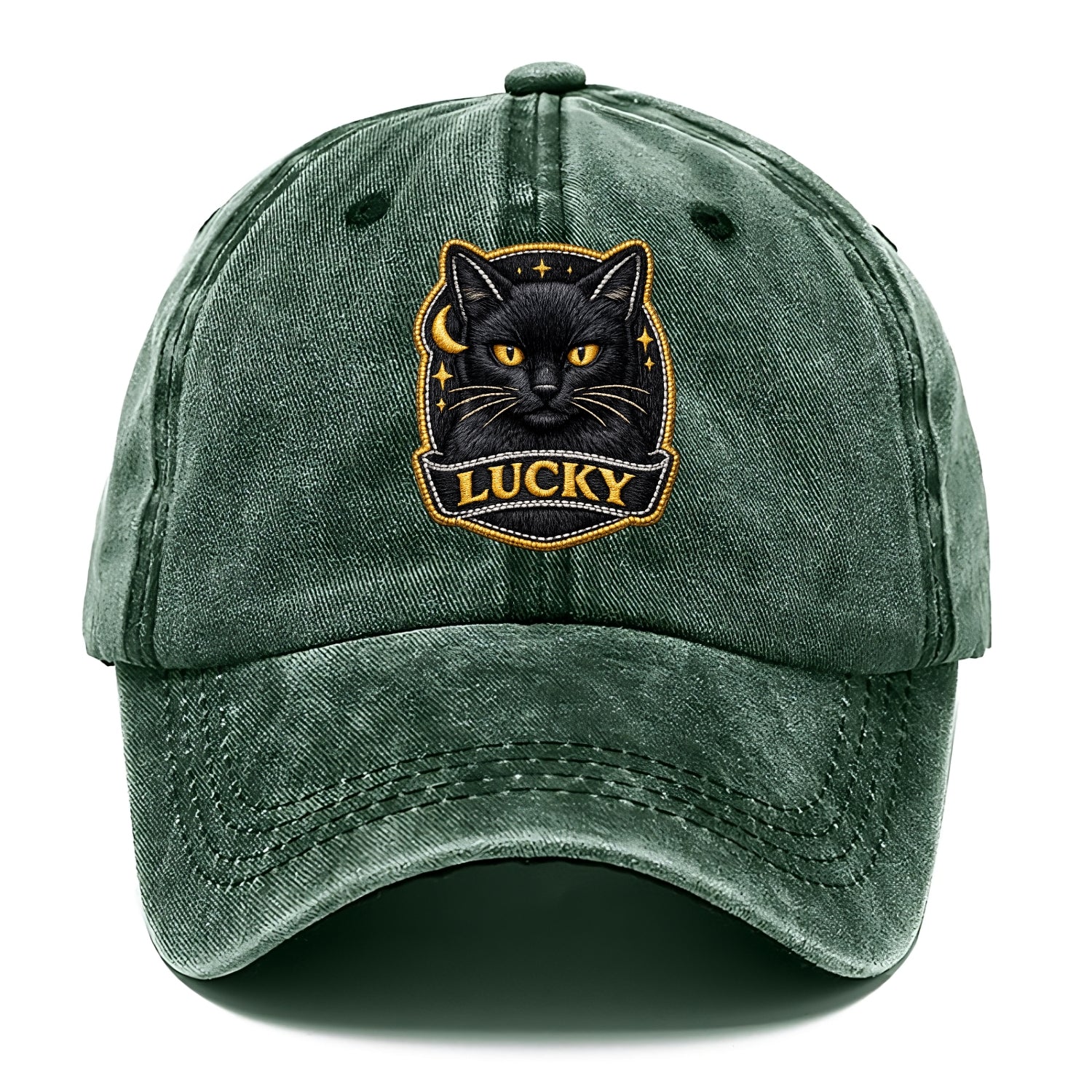 BLACK CAT LUCKY - sleek black cat with gold eyes in black , mysterious feline - Classic Cap - Forest Mist(Green)