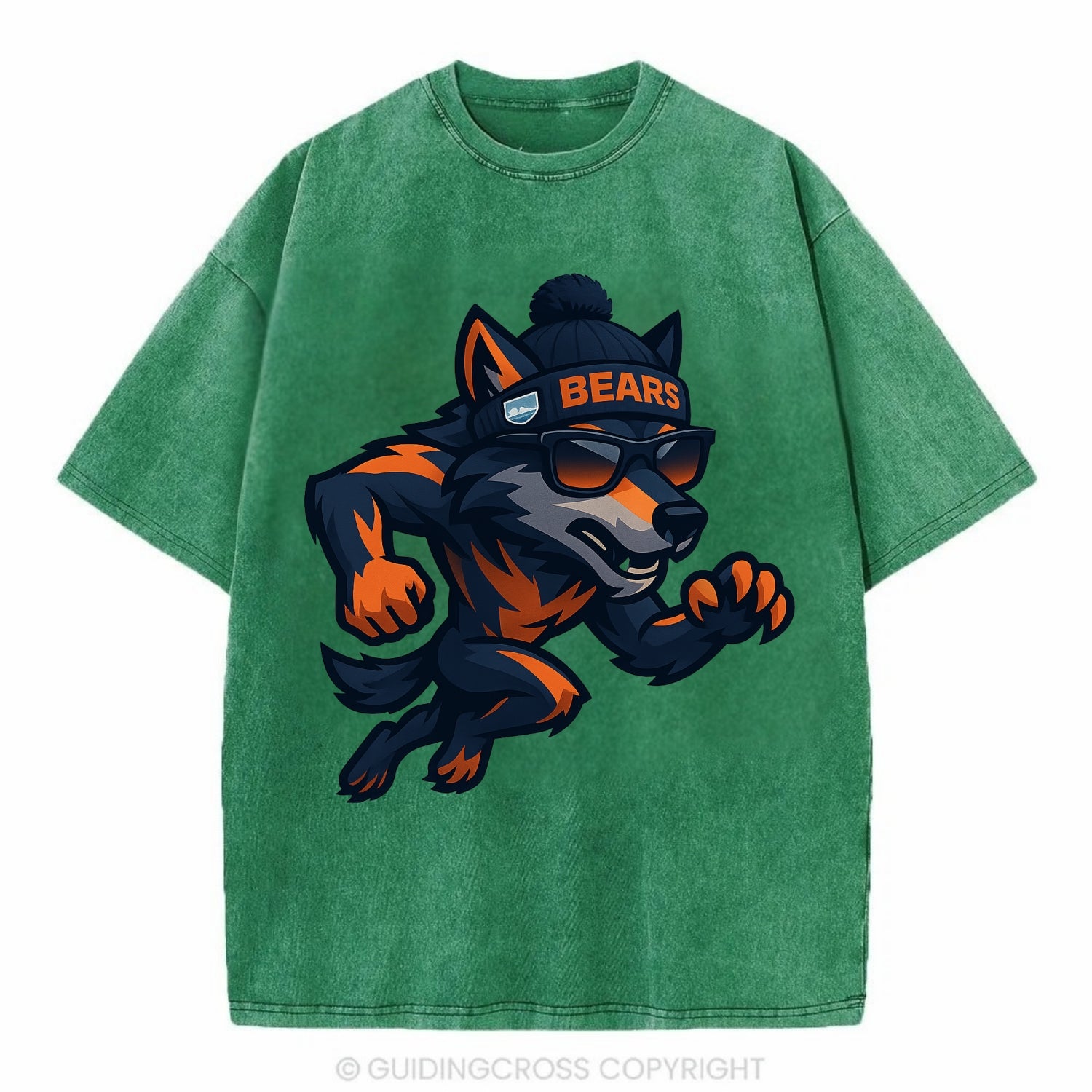 Chicago Wolf wearing Bears beanie with Lake Michigan patch and wayfarer sunglasses - Vintage T-shirt - Forest Mist(Green)