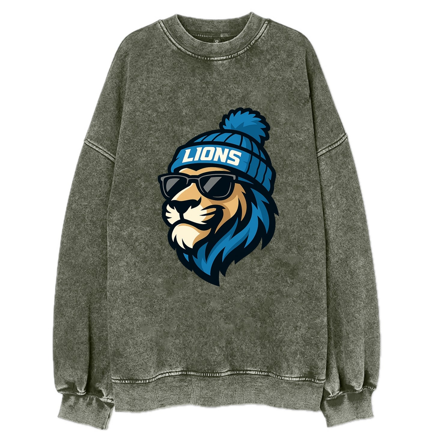 Detroit Lion wearing Lions Honolulu blue and silver beanie with pom pom and - Vintage Sweatshirt - Forest Mist(Green)