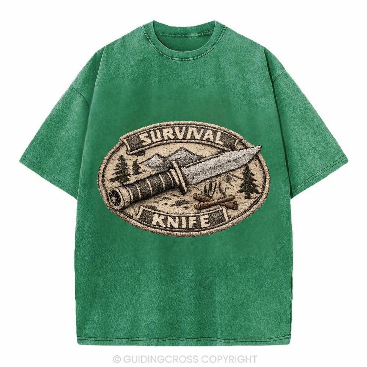 SURVIVAL KNIFE - fixed blade with compass in silver and black , bushcraft - Vintage T-shirt - Forest Mist(Green)