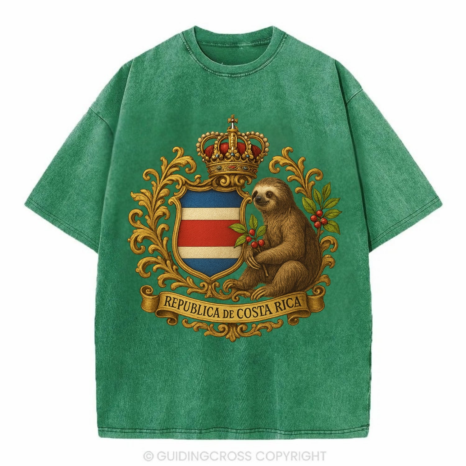 Costa Rica Sloth Emblem  - Vintage T-shirt - Forest Mist(Green)