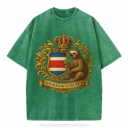 Costa Rica Sloth Emblem  - Vintage T-shirt - Forest Mist(Green)