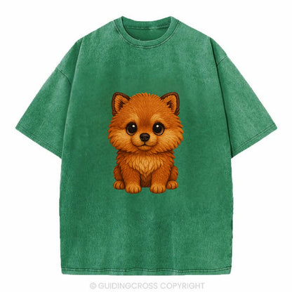 Baby Pomeranian Puppy - fluffy orange ball, fox face, tiny body, bright eyes, - Vintage T-shirt - Forest Mist(Green)