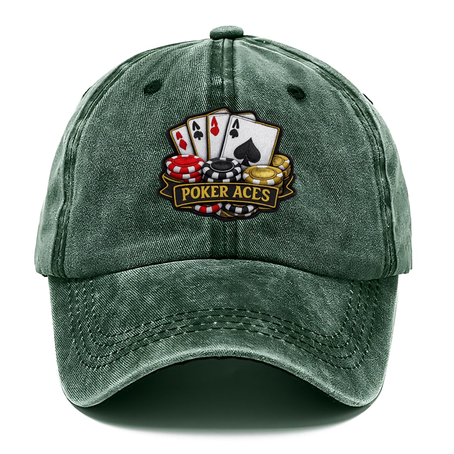 Embroidered patch design - POKER ACES - four aces with chips in red, black and gold - Classic Cap - Forest Mist(Green)