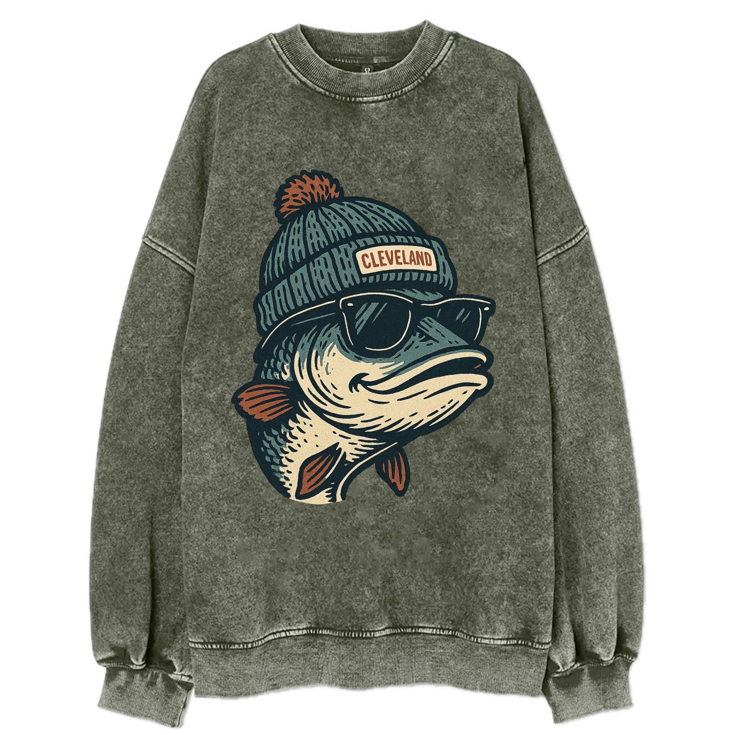 Cleveland Lake Erie Walleye wearing Cleveland beanie with pom pom and wayfarer - Vintage Sweatshirt - Forest Mist(Green)
