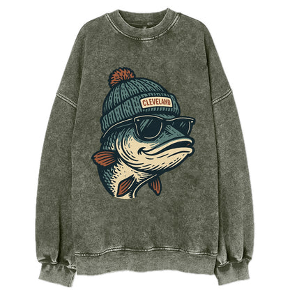 Cleveland Lake Erie Walleye wearing Cleveland beanie with pom pom and wayfarer - Vintage Sweatshirt - Forest Mist(Green)
