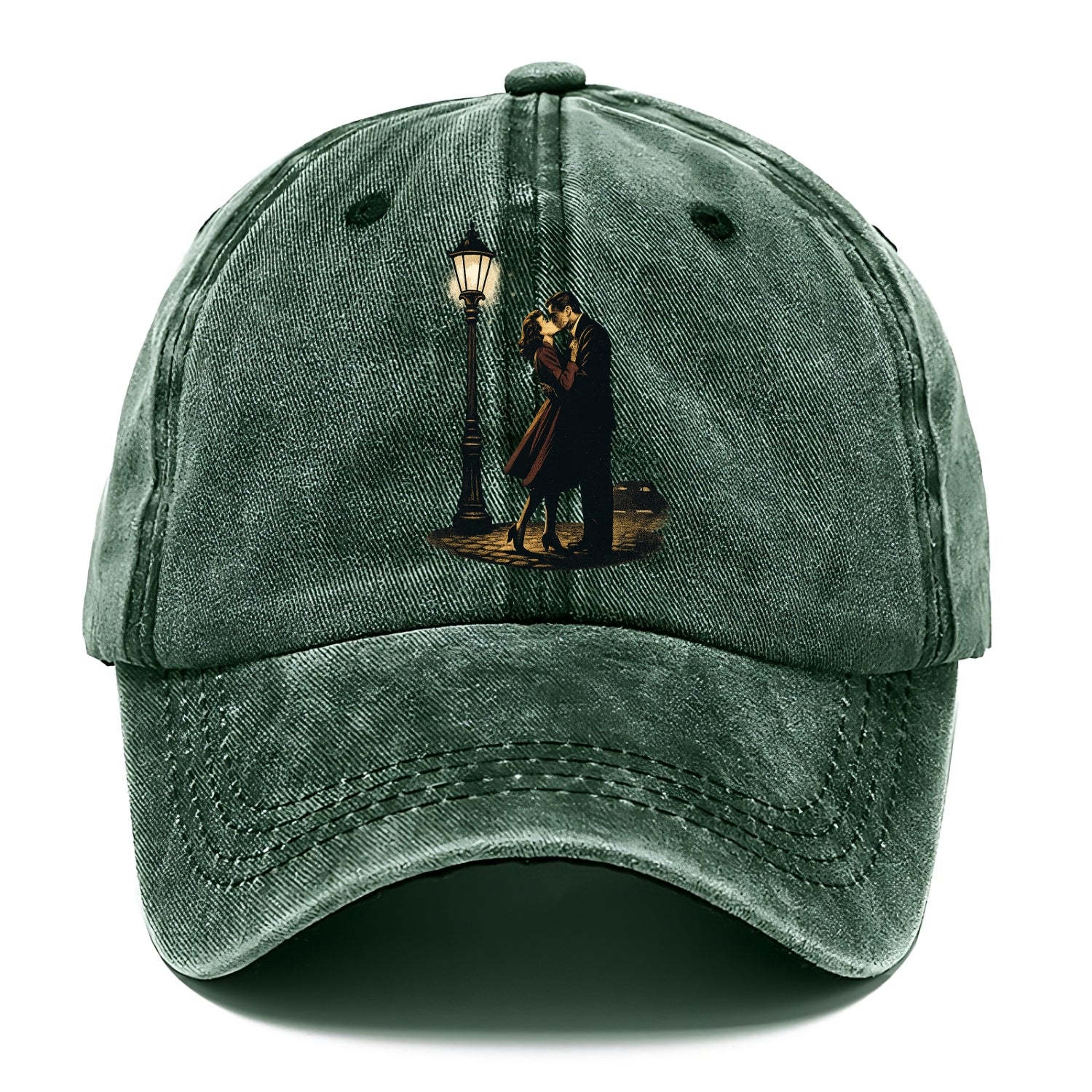 first kiss under vintage street lamp on cobblestone at night - Classic Cap - Forest Mist(Green)