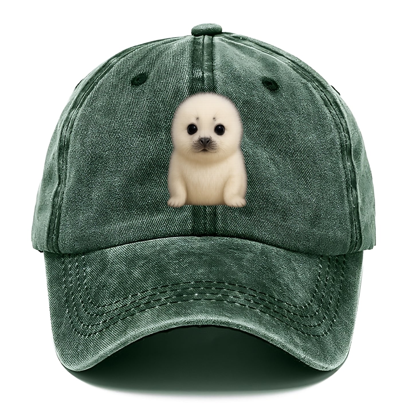 Baby Harp Seal - pure white fluffy fur, enormous dark eyes, front-facing, iconic cute - Classic Cap - Forest Mist(Green)