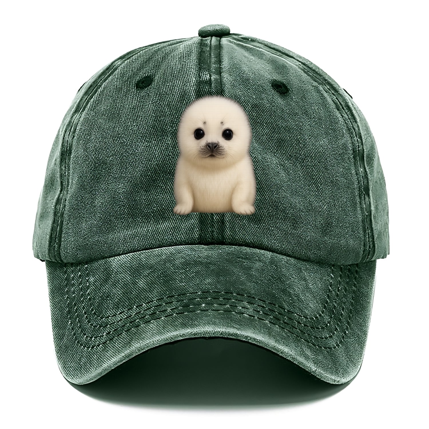 Baby Harp Seal - pure white fluffy fur, enormous dark eyes, front-facing, iconic cute - Classic Cap - Forest Mist(Green)