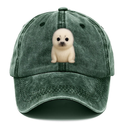 Baby Harp Seal - pure white fluffy fur, enormous dark eyes, front-facing, iconic cute - Classic Cap - Forest Mist(Green)