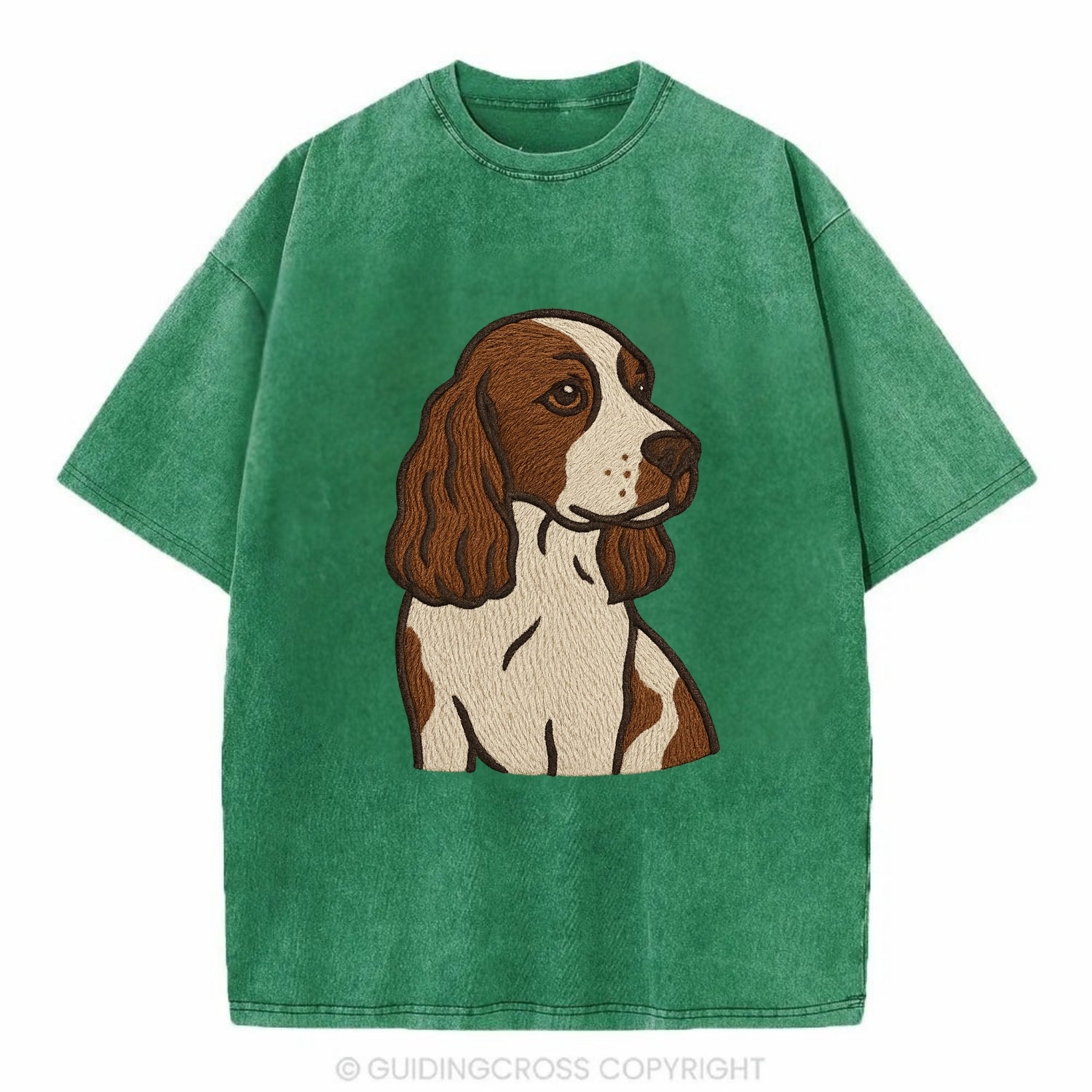 English Cocker Spaniel - Liver and white embroidered design - Vintage T-shirt - Forest Mist(Green)