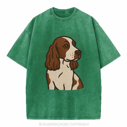 English Cocker Spaniel - Liver and white embroidered design - Vintage T-shirt - Forest Mist(Green)