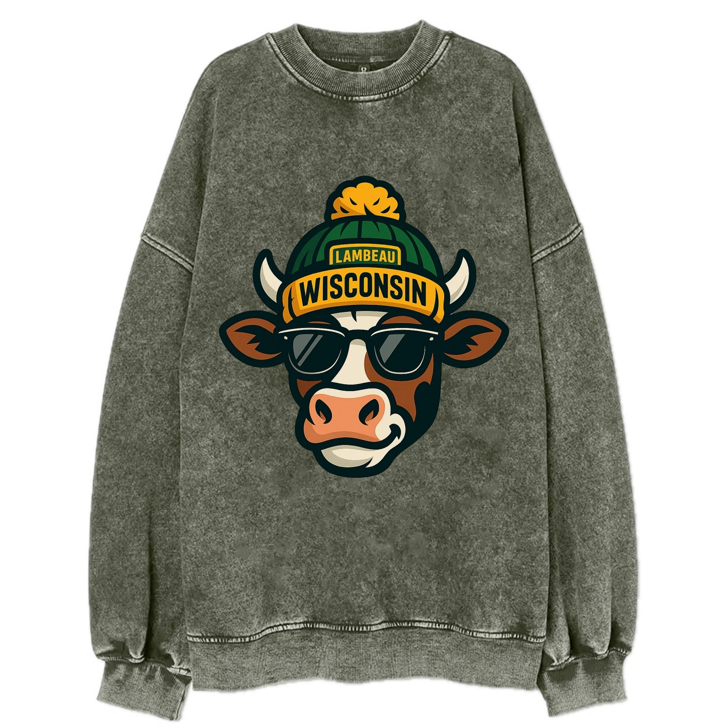 Wisconsin Cow wearing Packers beanie with Lambeau patch and wayfarer sunglasses - Vintage Sweatshirt - Forest Mist(Green)