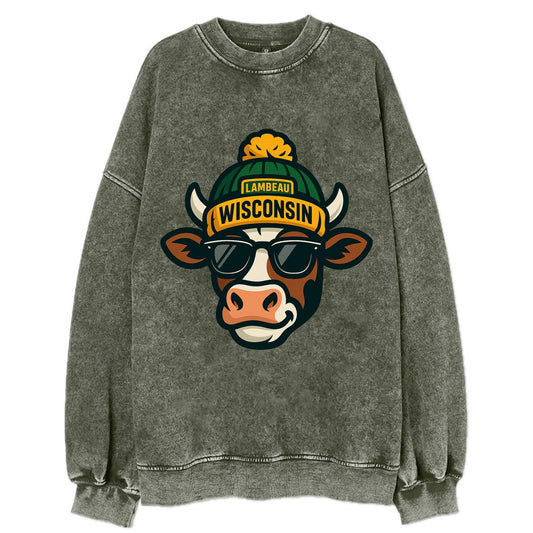 Wisconsin Cow wearing Packers beanie with Lambeau patch and wayfarer sunglasses - Vintage Sweatshirt - Forest Mist(Green)