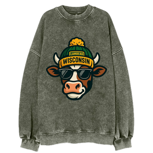 Wisconsin Cow wearing Packers beanie with Lambeau patch and wayfarer sunglasses - Vintage Sweatshirt