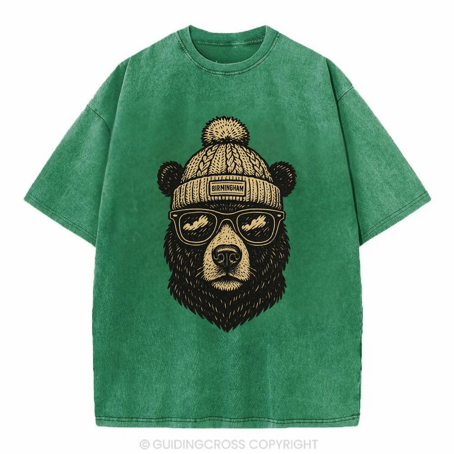 Alabama Black Bear wearing Birmingham beanie with pom pom and wayfarer sunglasses - Vintage T-shirt - Forest Mist(Green)