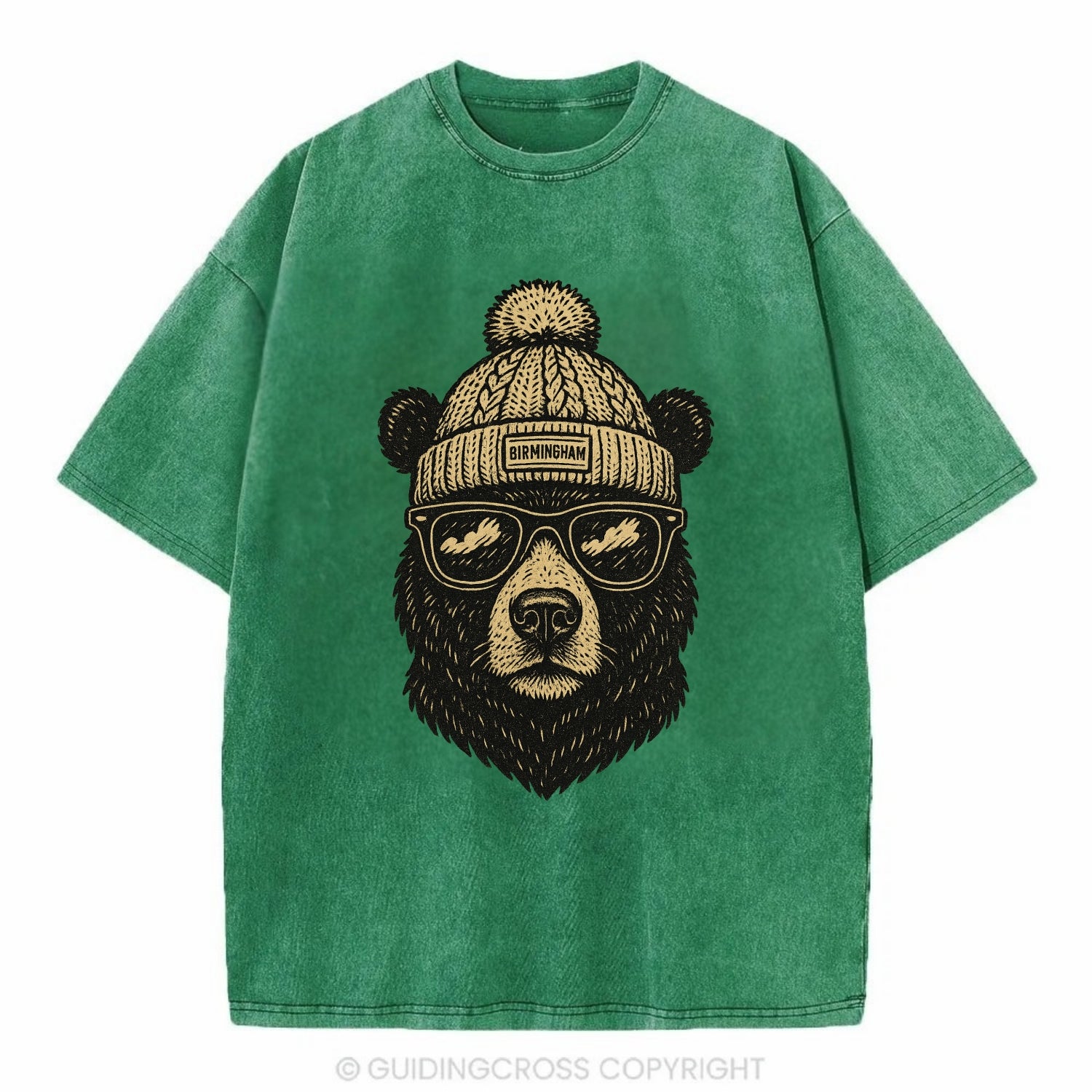 Alabama Black Bear wearing Birmingham beanie with pom pom and wayfarer sunglasses - Vintage T-shirt - Forest Mist(Green)
