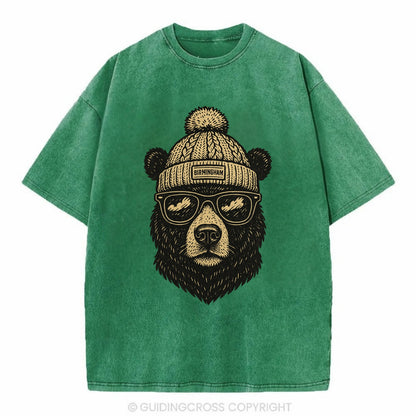 Alabama Black Bear wearing Birmingham beanie with pom pom and wayfarer sunglasses - Vintage T-shirt - Forest Mist(Green)