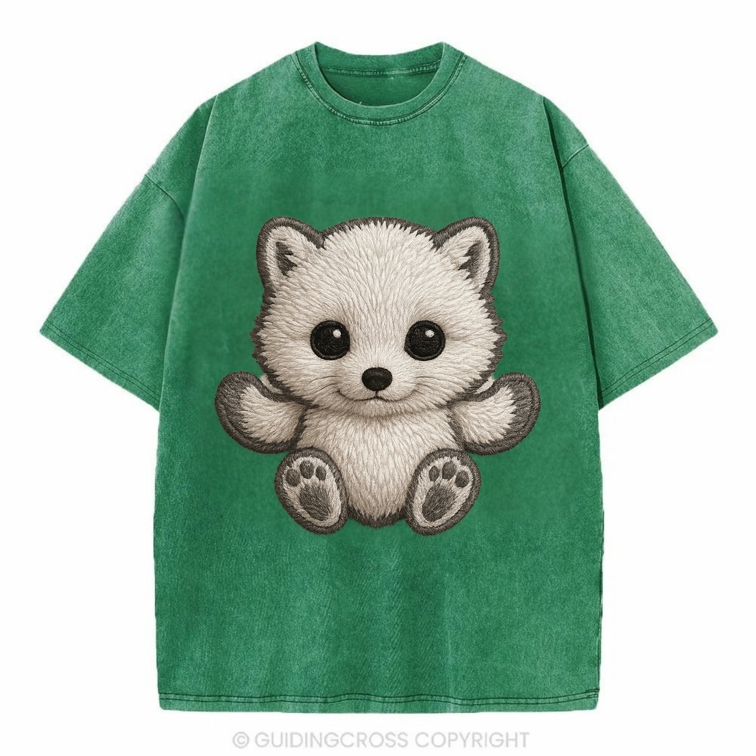 Baby Arctic Fox - white fluffy, tiny black nose, bright curious eyes, - Vintage T-shirt - Forest Mist(Green)
