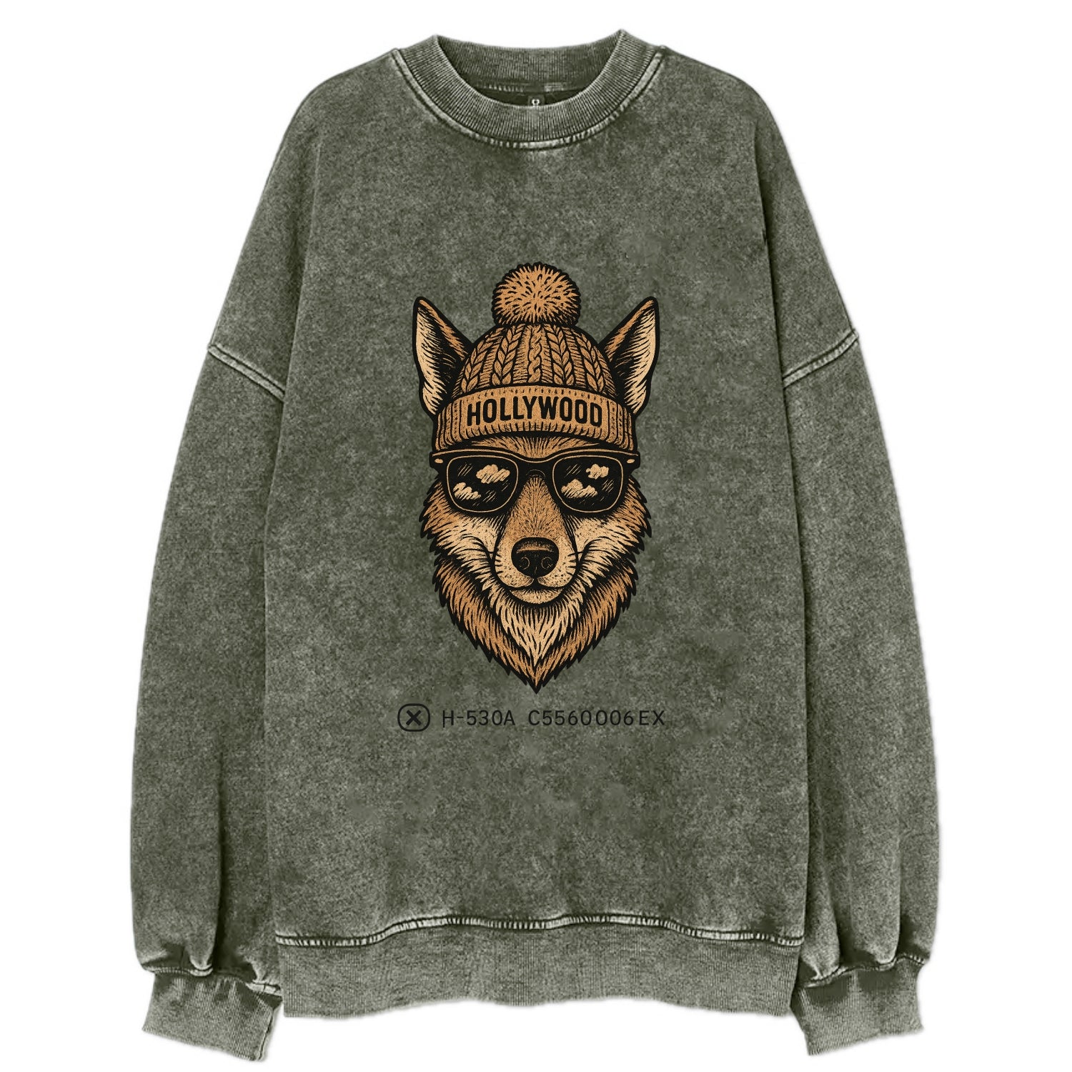 LA Coyote wearing Hollywood beanie with pom pom and wayfarer sunglasses - Vintage Sweatshirt - Forest Mist(Green)