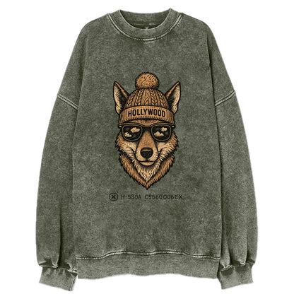 LA Coyote wearing Hollywood beanie with pom pom and wayfarer sunglasses - Vintage Sweatshirt - Forest Mist(Green)