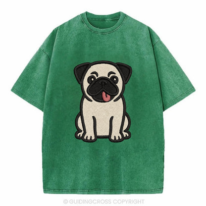Pug - Tilted head with tongue out - Vint Vintage T-shirt - Forest Mist(Green)