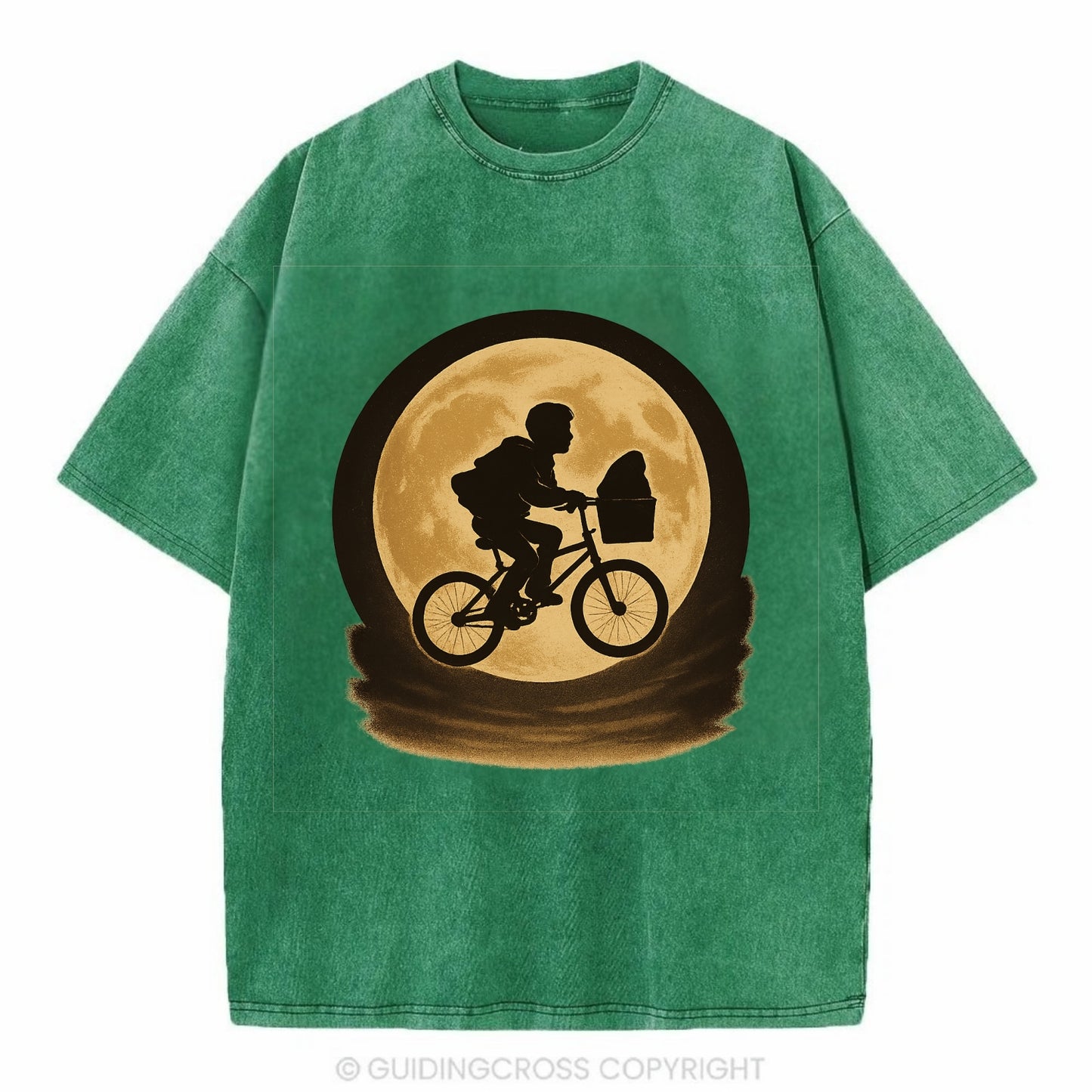 boy with bicycle flying across full moon with silhouette - Vintage T-shirt - Forest Mist(Green)