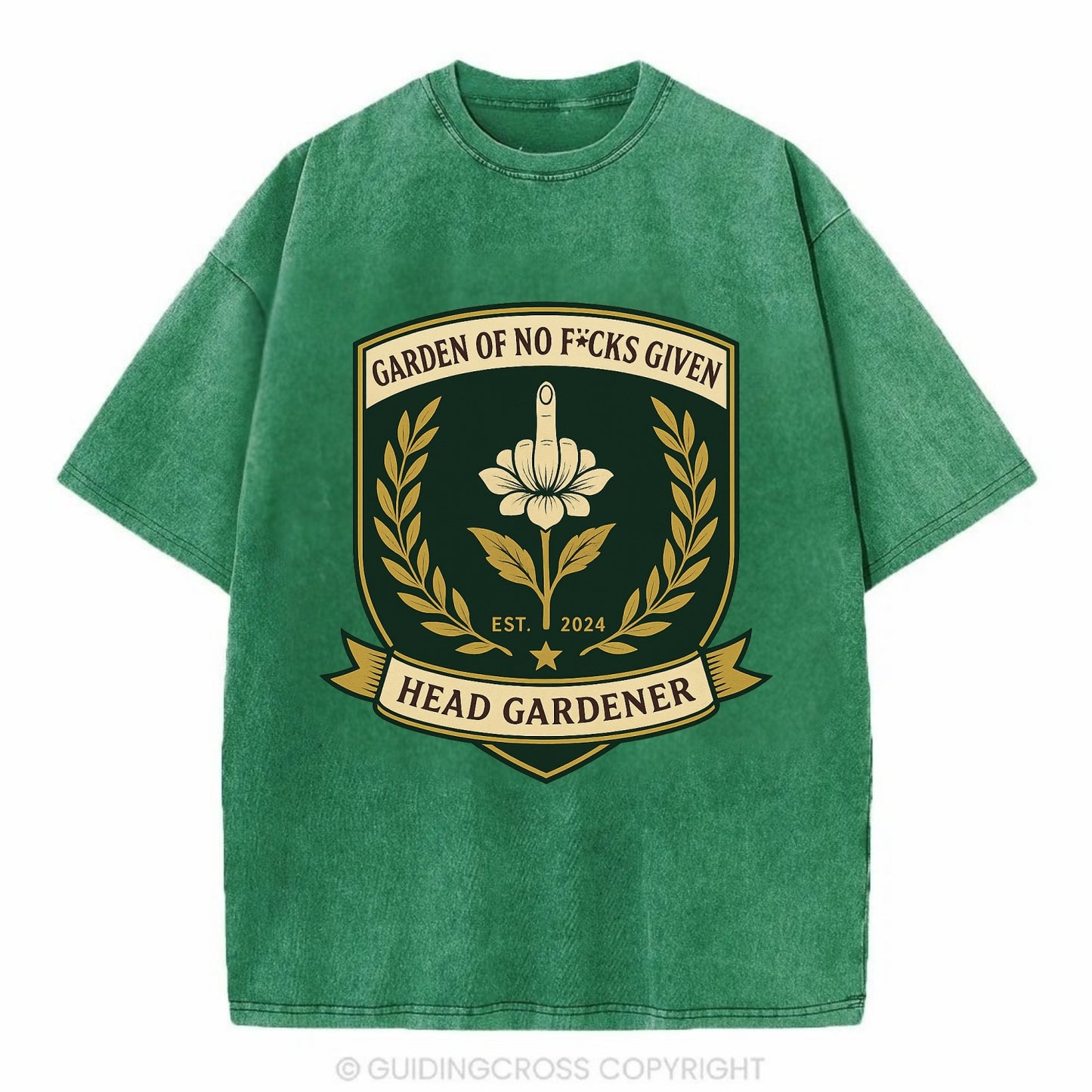 Shield with middle finger flower - "Garden of No F*cks Given - Head Gardener" - - Vintage T-shirt - Forest Mist(Green)