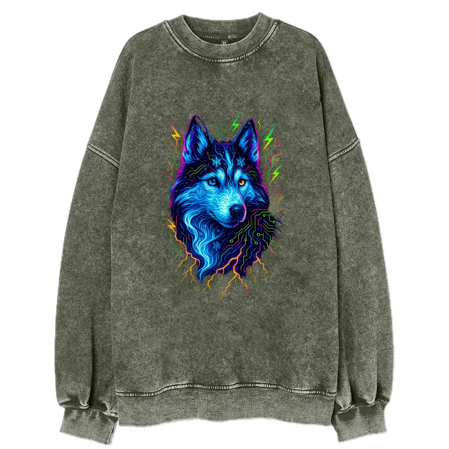 Siberian husky with ice-crystal flowing patterns, electric blue and white - Vintage Sweatshirt - Forest Mist(Green)