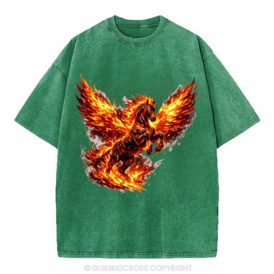 PHOENIX FIRE HORSE | Horse emerging from flames like phoenix | Rebirth - Vintage T-shirt - Forest Mist(Green)