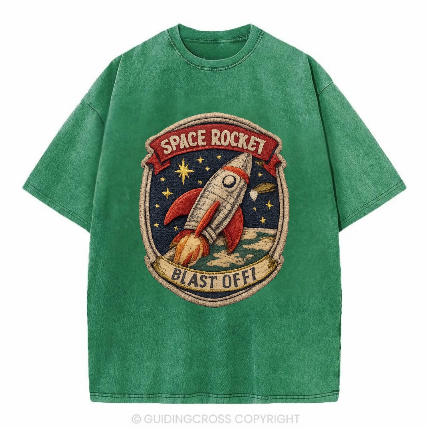 RETRO ROCKET - 1950s space rocket in silver and red , atomic age - Vintage T-shirt - Forest Mist(Green)