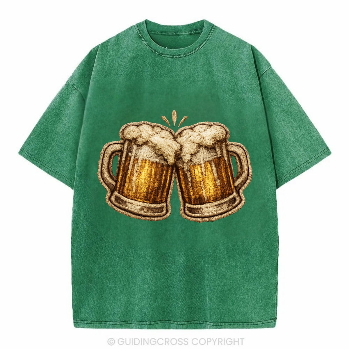 BEER MUG CHEERS - frosty beer stein in gold and amber , brewery - Vintage T-shirt - Forest Mist(Green)