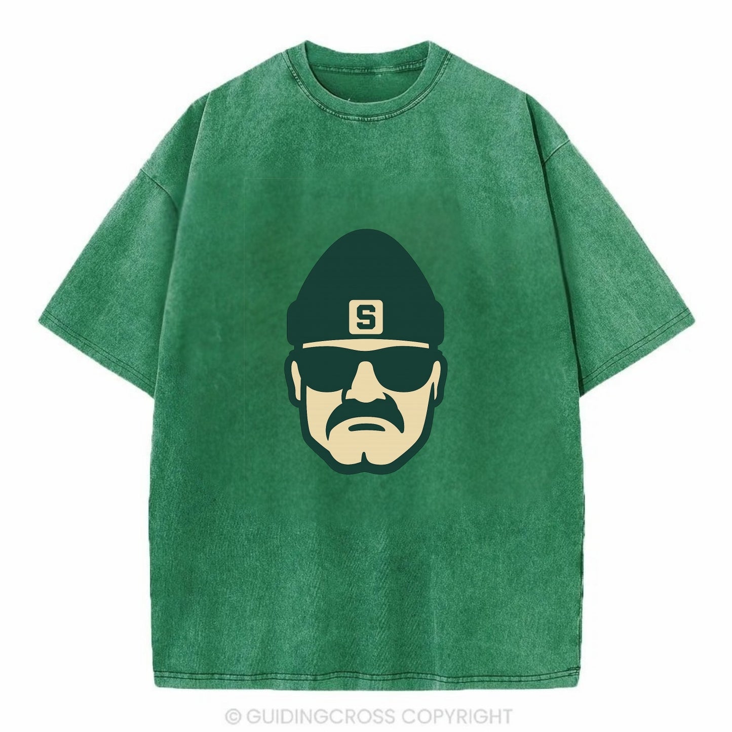 East Lansing Spartan wearing Michigan State beanie with S patch - Vintage T-shirt - Forest Mist(Green)