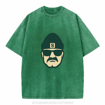 East Lansing Spartan wearing Michigan State beanie with S patch - Vintage T-shirt - Forest Mist(Green)