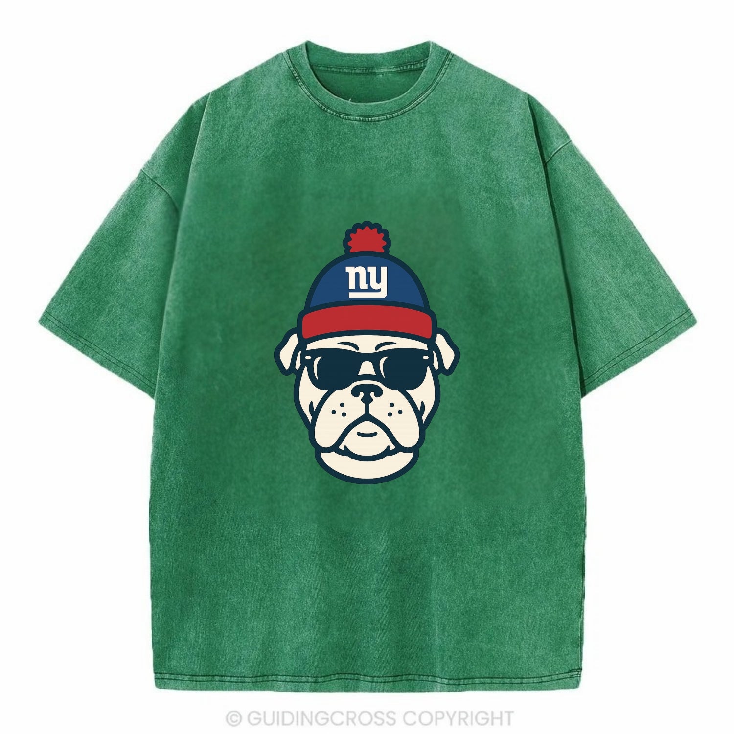 New York Bulldog wearing Giants blue and red beanie with pom pom and wayfarer - Vintage T-shirt - Forest Mist(Green)