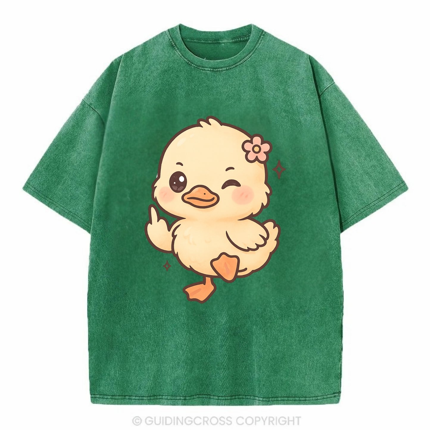 fluffy baby duck with small flower, one webbed foot raised sassily - Vintage T-shirt - Forest Mist(Green)