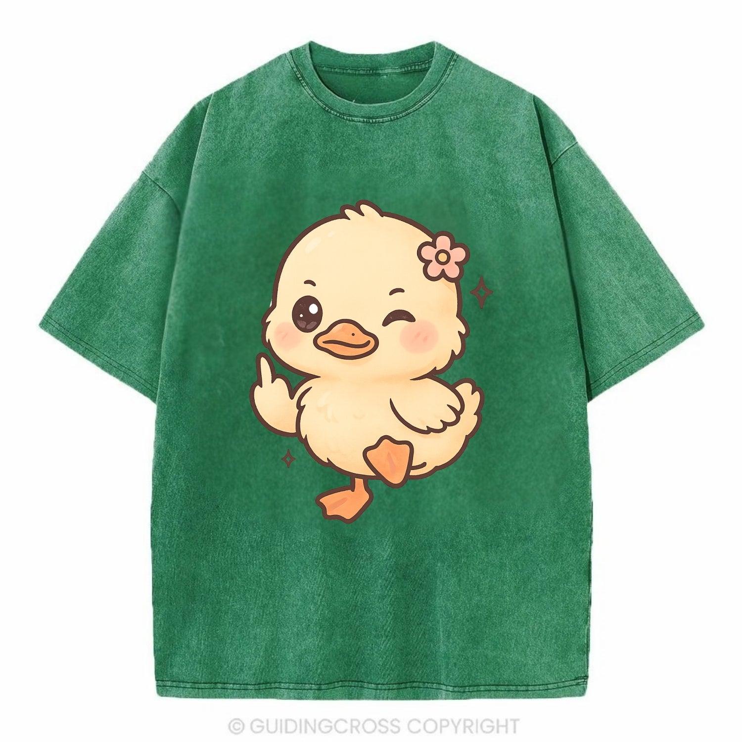 fluffy baby duck with small flower, one webbed foot raised sassily - Vintage T-shirt - Forest Mist(Green)
