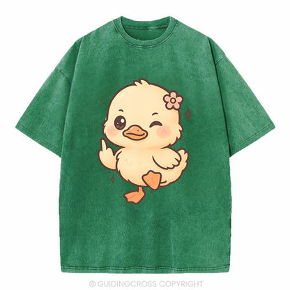 fluffy baby duck with small flower, one webbed foot raised sassily - Vintage T-shirt - Forest Mist(Green)