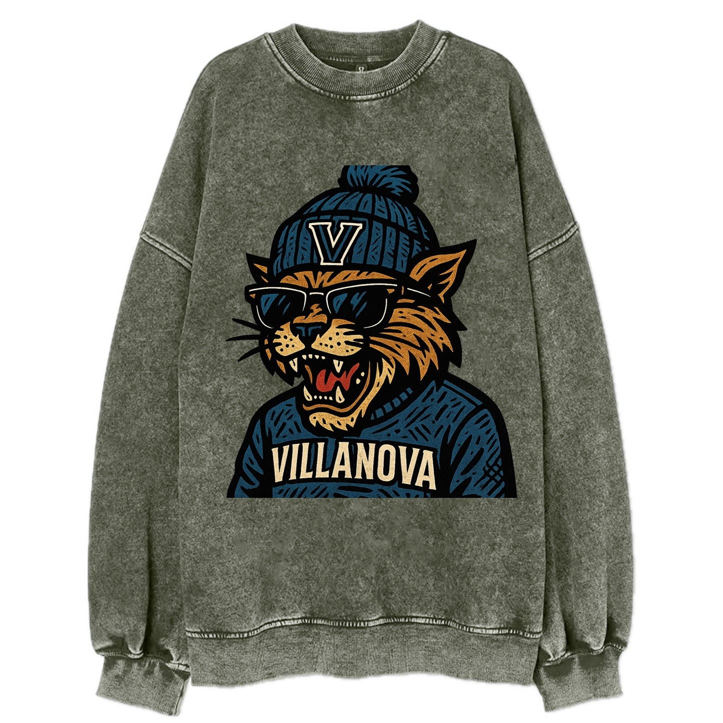 Villanova Wildcat wearing Villanova beanie with V patch - Vintage Sweatshirt - Forest Mist(Green)