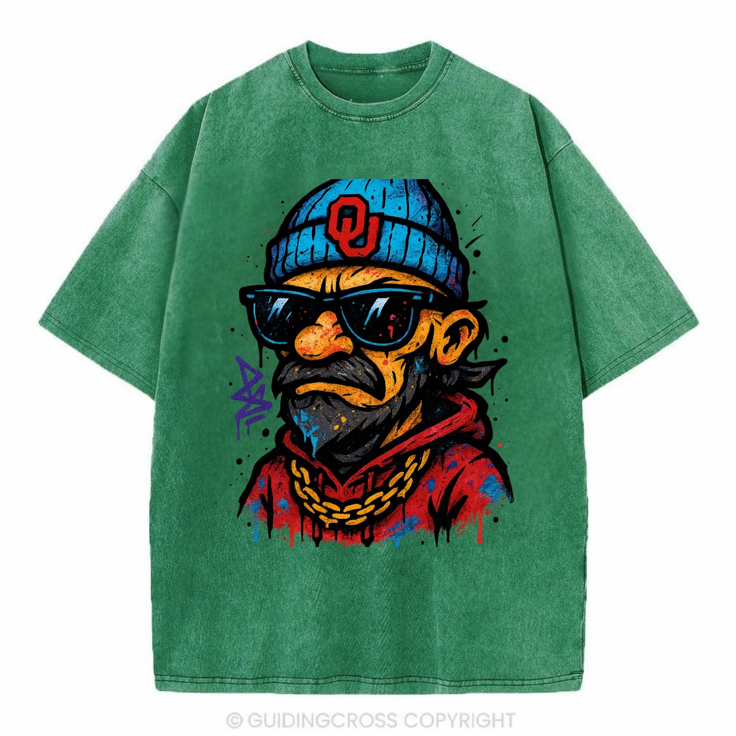 Norman Sooner wearing Oklahoma beanie with OU patch - Vintage T-shirt - Forest Mist(Green)