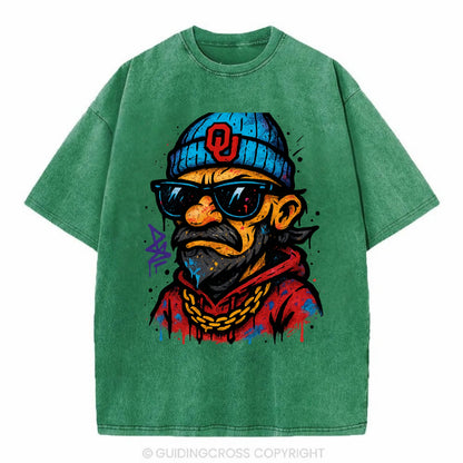 Norman Sooner wearing Oklahoma beanie with OU patch - Vintage T-shirt - Forest Mist(Green)