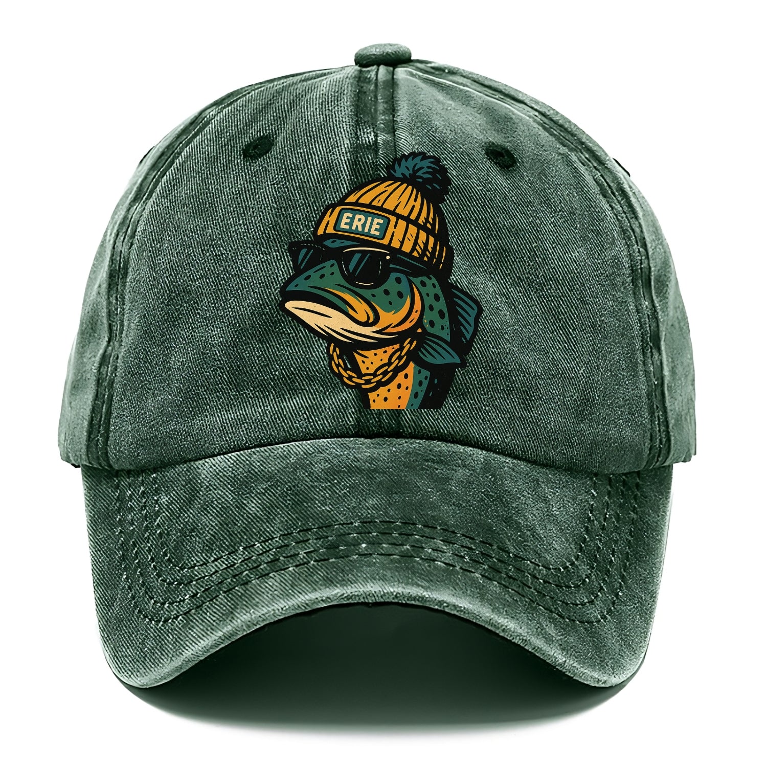 Erie Lake Trout wearing Erie beanie with pom pom and wayfarer sunglasses - Classic Cap - Forest Mist(Green)