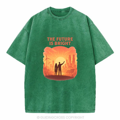 Sunrise over thriving sustainable city - "The Future is Bright" - optimistic - Vintage T-shirt - Forest Mist(Green)