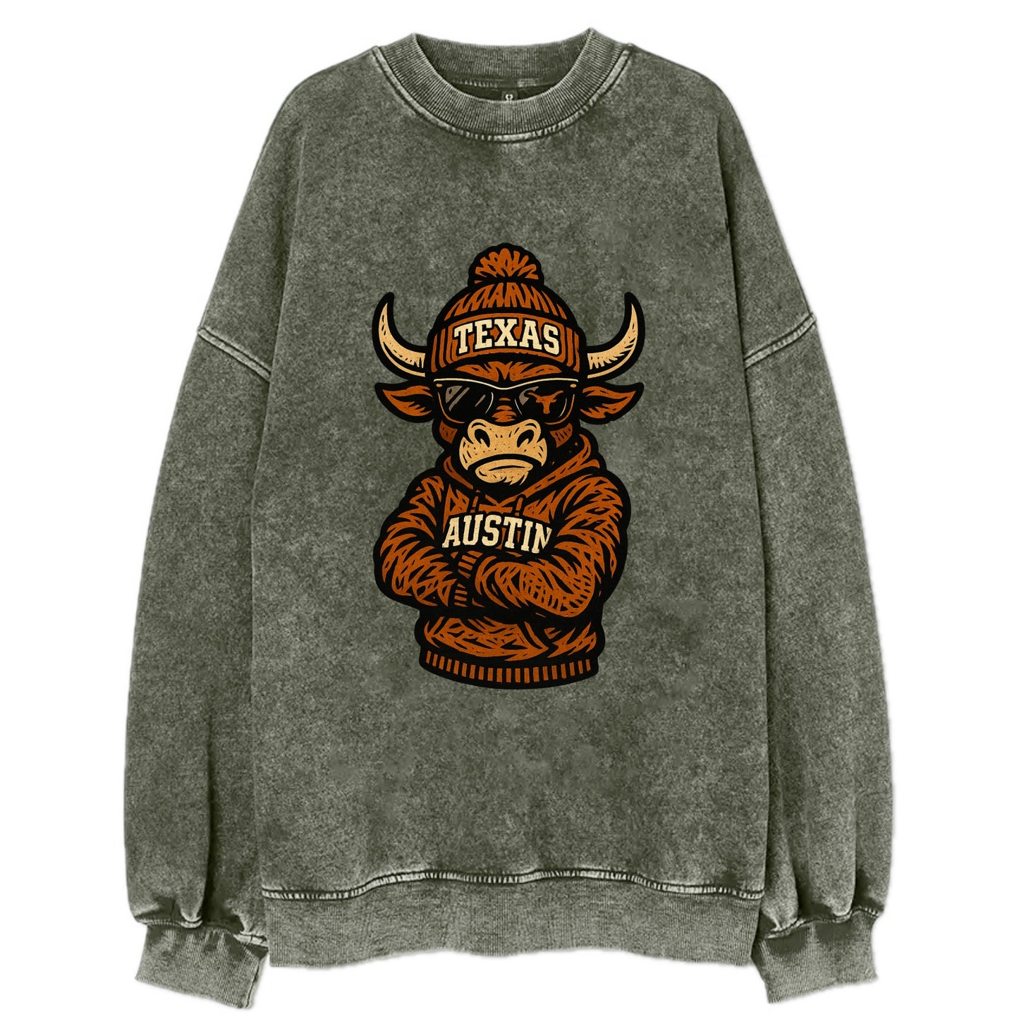 Austin Bevo wearing Texas beanie with longhorn patch - Vintage Sweatshirt - Forest Mist(Green)